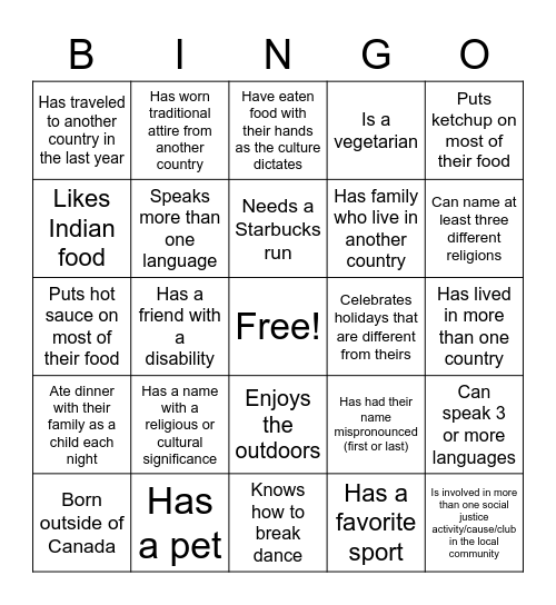 Cultural Diversity Bingo Card