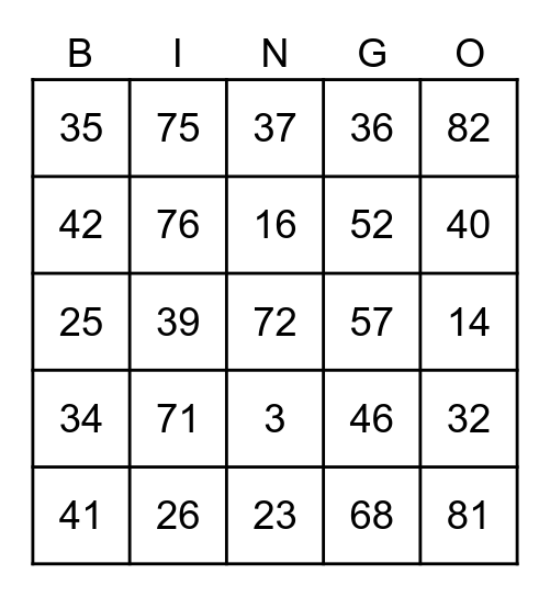 Friday Game Bingo Card