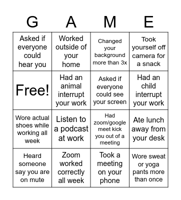 Work Day Fun Bingo Card