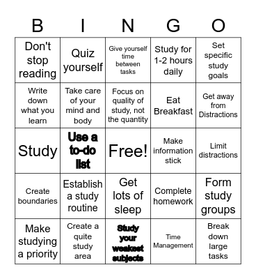 Study Skills Bingo Card