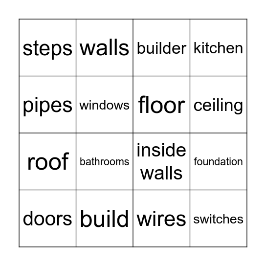 Building A House Bingo Card