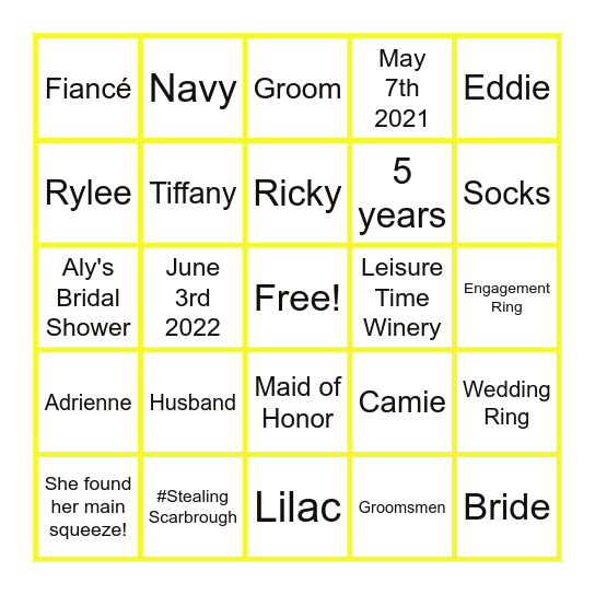 Aly's Bridal Shower Bingo Card