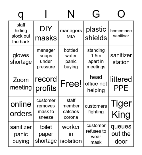 Corona Retail Bingo Card