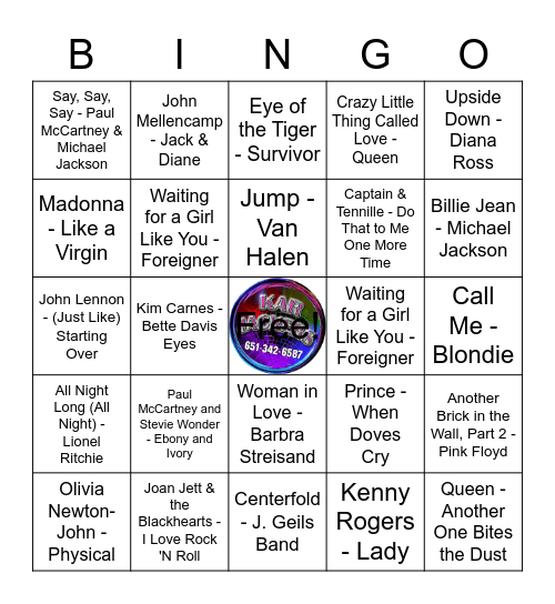 www.karjackers.com (Top songs of the 80s) Bingo Card