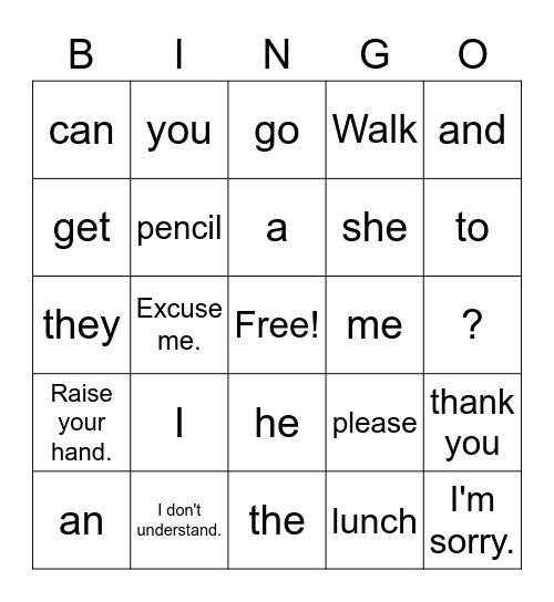 Sight Word Bingo Card