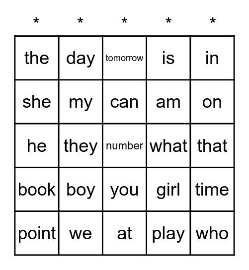 Word Review Bingo Card