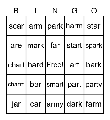 ar Word Parts Bingo Card