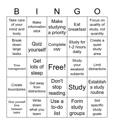 Study Skills Bingo Card