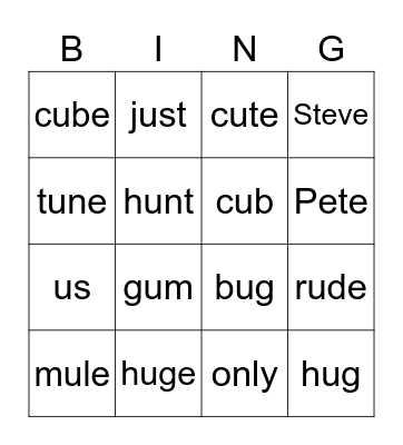 Short and Long "u" words Bingo Card