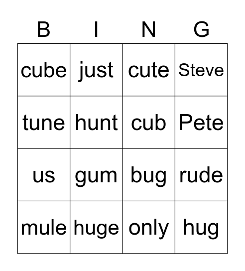 Short and Long "u" words Bingo Card