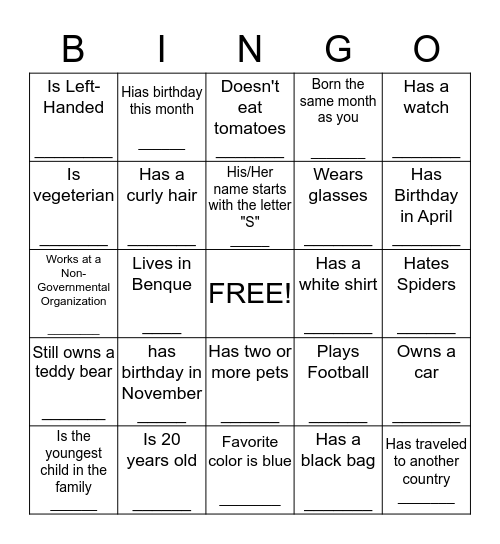 People BINGO: Find Someone in the class who____ Bingo Card