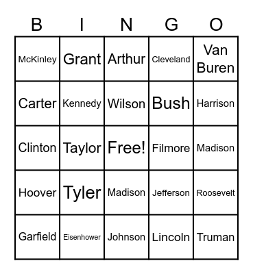 PRESIDENTS OF THE UNITED STATES Bingo Card