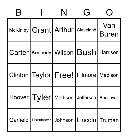 PRESIDENTS OF THE UNITED STATES Bingo Card