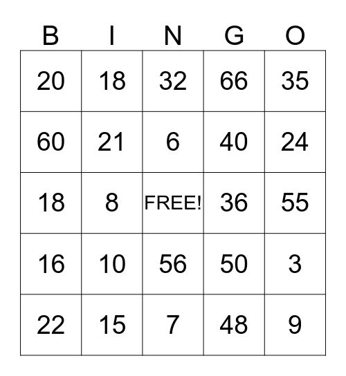 Multiplication Bingo Card