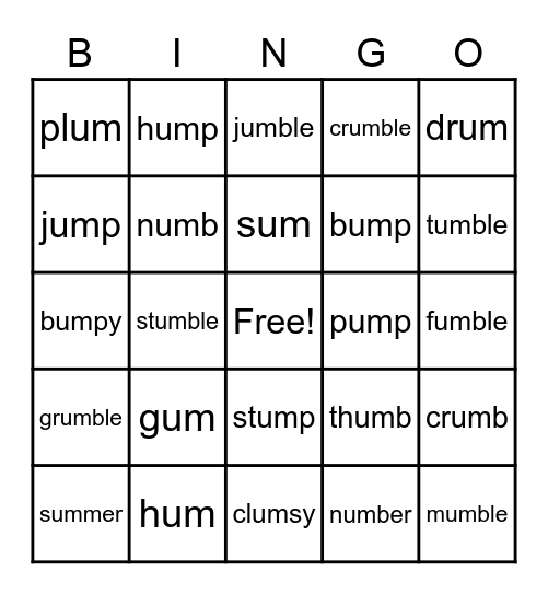 um Word Parts Bingo Card