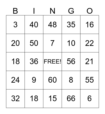 Multiplication Bingo Card