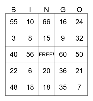 Multiplication Bingo Card
