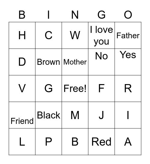 American Sign Language Bingo Card