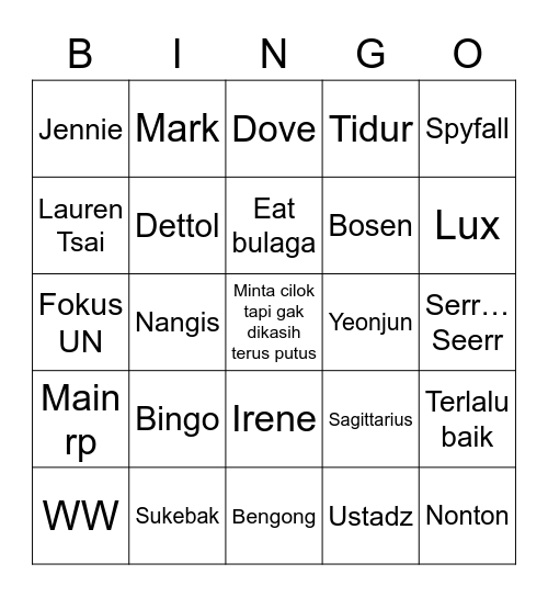 S Bingo Card