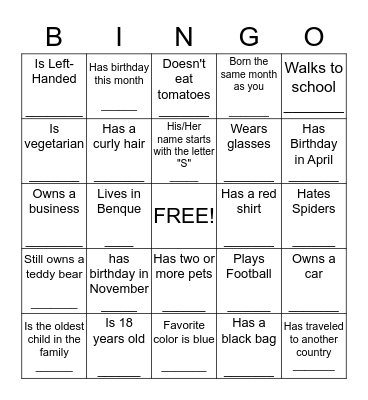 People BINGO: Find Someone in the class who____ Bingo Card