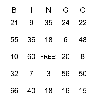 Multiplication Bingo Card