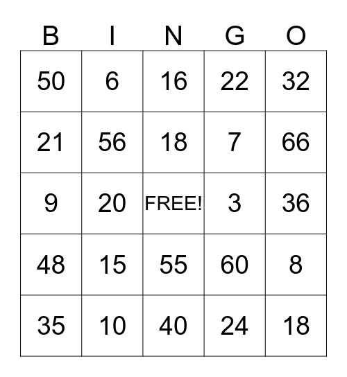 Multiplication Bingo Card