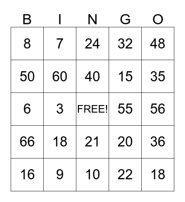 Multiplication Bingo Card