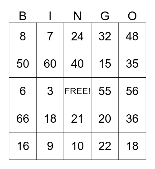 Multiplication Bingo Card