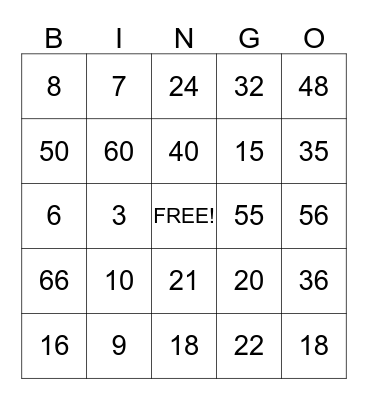 Multiplication Bingo Card