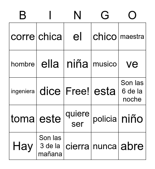 Intro to Spanish Bingo Card