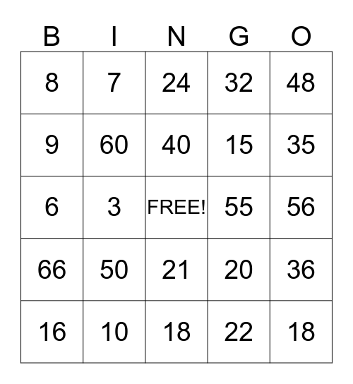 Multiplication Bingo Card