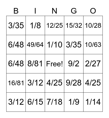 Fraction Multiplication Bingo Card