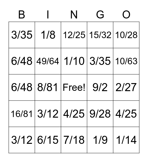 Fraction Multiplication Bingo Card