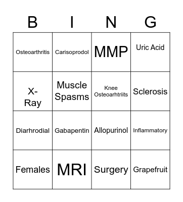 Degenerative Joint Disease Bingo Card