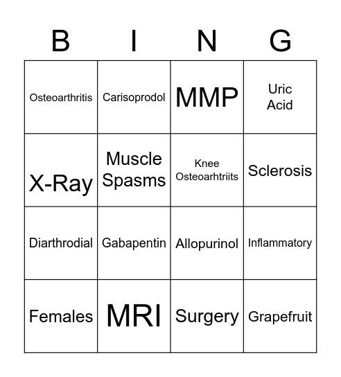 Degenerative Joint Disease Bingo Card