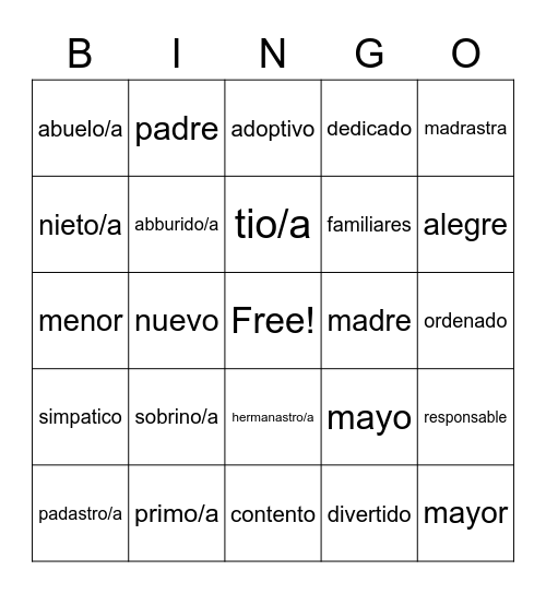 La familia Bingo Card