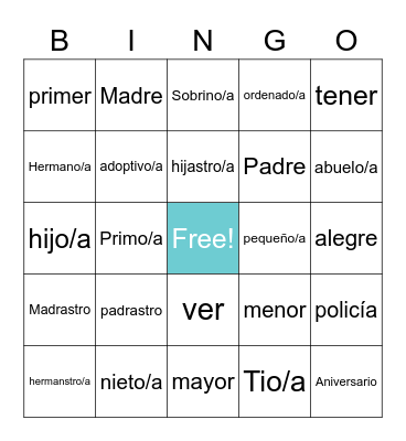 Family Members + Extras Bingo Card