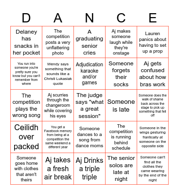 PDC Dance Competition Bingo Card