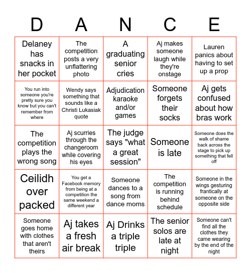 PDC Dance Competition Bingo Card