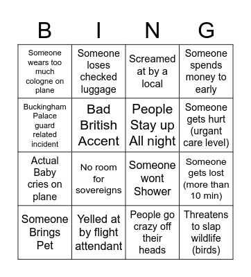 Hilltop London Trip Bingo- Extreme Addition Bingo Card