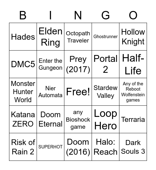 Nate's Video Game Bingo Card