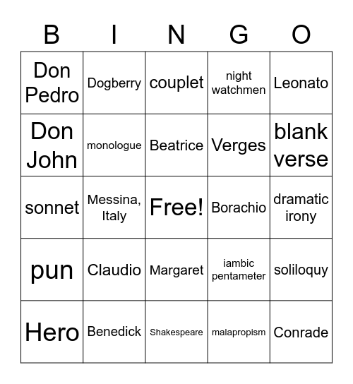 Much Ado About Nothing Bingo Card