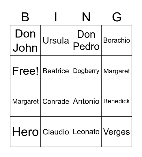 Much Ado Characters Bingo Card