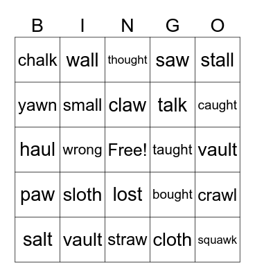 Variant Vowel O Bingo Card