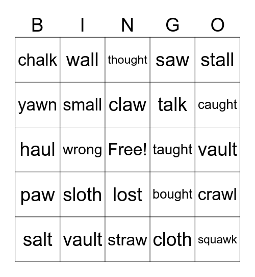 Variant Vowel O Bingo Card