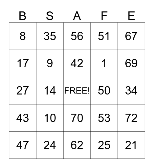 Safety Bingo Card