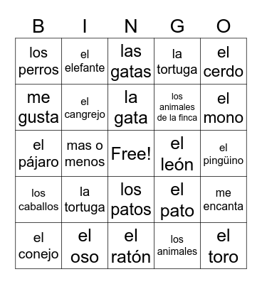 Spanish Animals Bingo Card