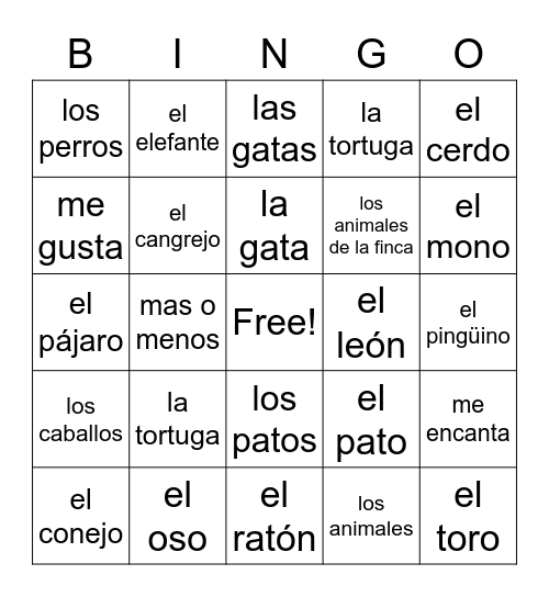 Spanish Animals Bingo Card