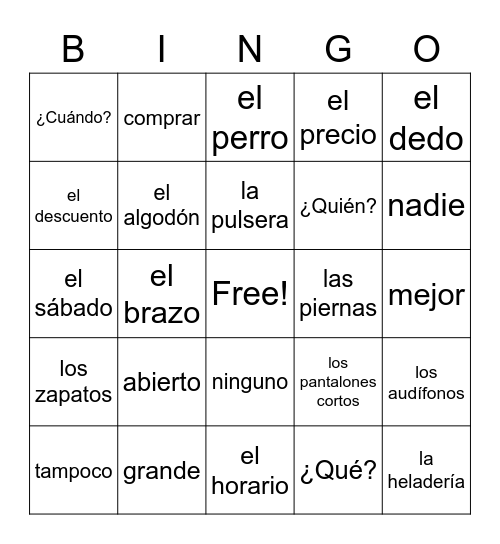 Spanish I Shopping Bingo Card