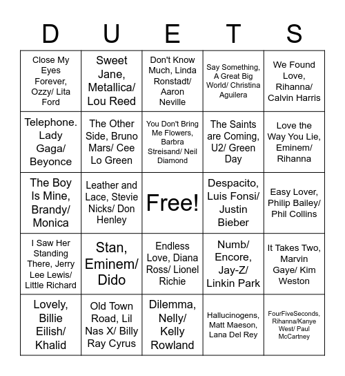 Duets & Collabs Bingo Card